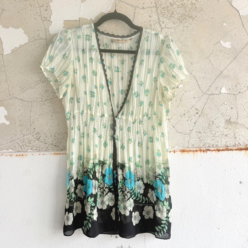 Y2K‎ Top Sheer Floral Blouse Lace Trim Smocked Whimsy 90s Vintage Fairycore M